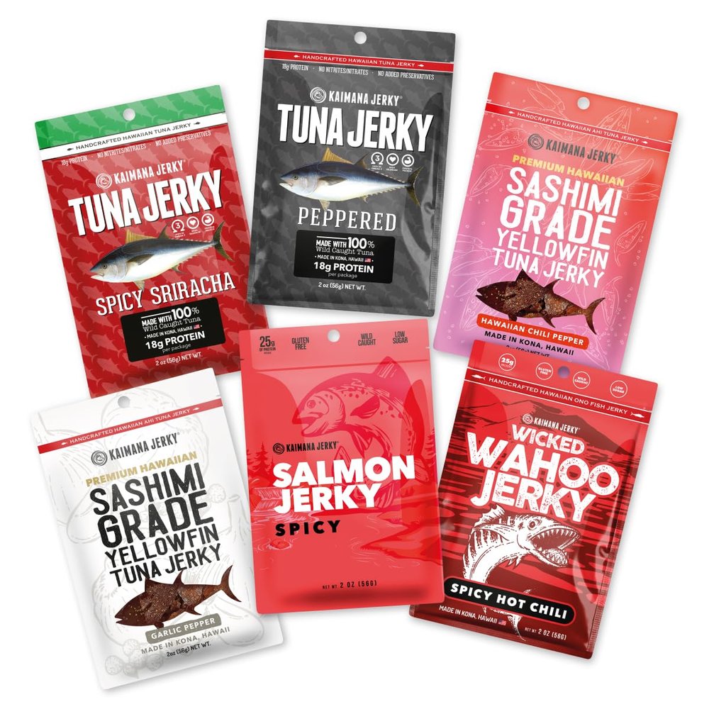 Kaimana Jerky Variety Pack - Ahi Tuna, Salmon & Wahoo Ono Fish Jerky - Spicy Hot, All-Natural, Wild-Caught, Protein-Packed, Omega-3 Rich - Made in Hawaii - 6 Bags, Great Gift for Dad