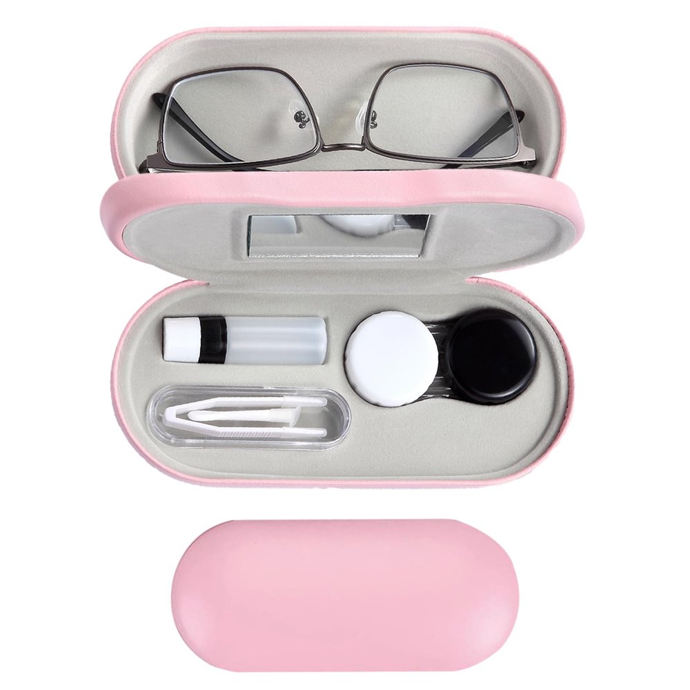 MUDOR 2 in 1 Contact Lens and Glasses Case, Travel Kit Includes Remover Tool with Tweezers,Dual Use Design (Pink)
