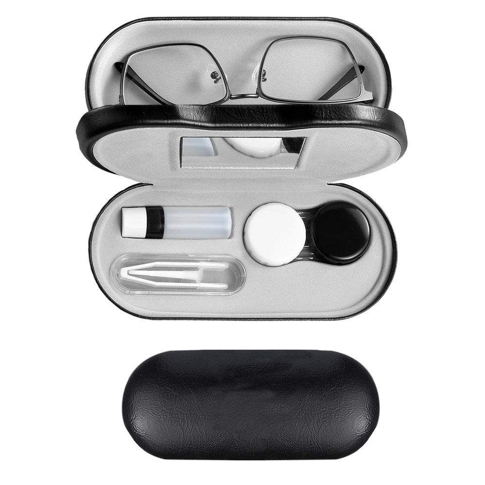 MUDOR 2 in 1 Contact Lens Case, Double Sided Contact Lens Travel Kit Includes Remover Tool with Tweezers,Dual Use Design for Contact Lens case and Glasses case (Black-1)