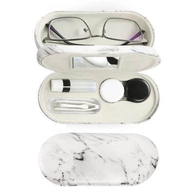 MUDOR 2 in 1 Contact Lens & Glasses Travel Case, Double Sided Kit Includes Remover Tool with Tweezers (Marble White)