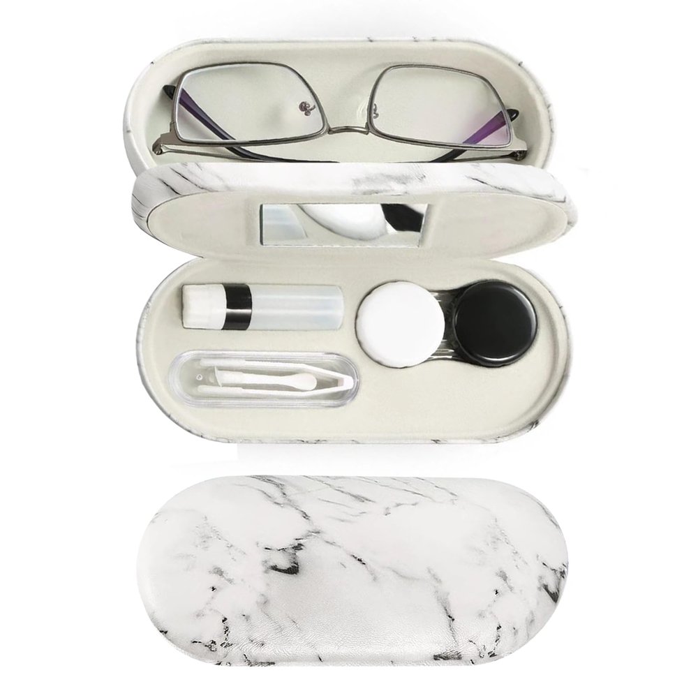 MUDOR 2 in 1 Contact Lens & Glasses Travel Case, Double Sided Kit Includes Remover Tool with Tweezers (Marble White)