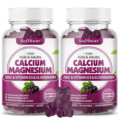 softbear Calcium Magnesium Zinc Gummies for Adult & Kids, Suagr-Free Calcium Magnesium Zinc Vitamin D3 Supplement for Bone Strength & Immune Health, Elderberry Flavor 120 Count