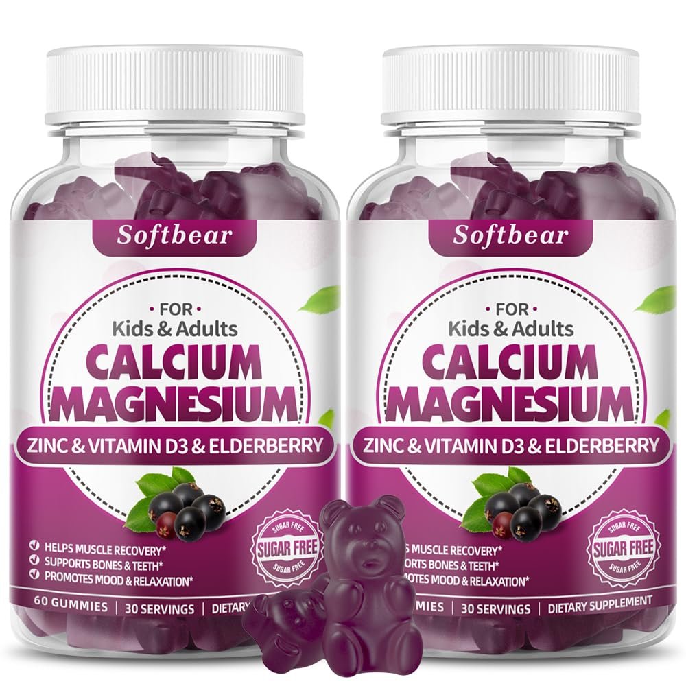 softbear Calcium Magnesium Zinc Gummies for Adult & Kids, Suagr-Free Calcium Magnesium Zinc Vitamin D3 Supplement for Bone Strength & Immune Health, Elderberry Flavor 120 Count