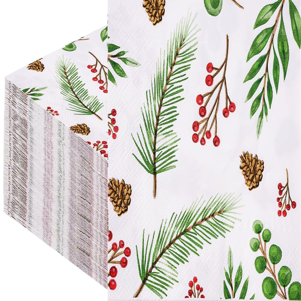 100PCS Greenery Napkins, Berries Holly Mistletoe Paper Napkins Disposable, 3-Ply Christmas Cocktail Beverage Napkins for Xmas Holiday Party Napkins Dinner Kitchen Bathroom Christmas Party Supplies
