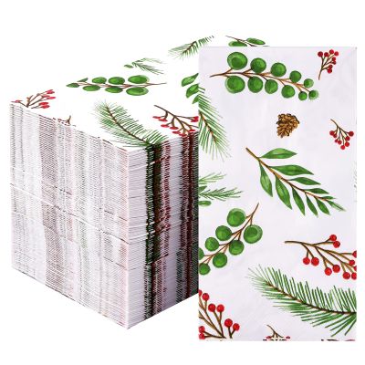 100 Christmas Paper Towels Holiday Disposable Napkins, 3 Ply Holly Mistletoe Berries Greenery Guest Hand Towels for Xmas Holiday Party Home Dinner Kitchen Bathroom Powder Room