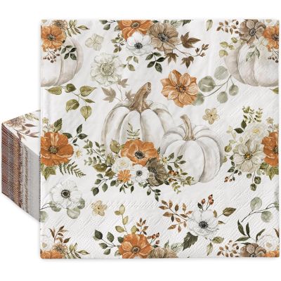 AnyDesign 120 Pack Fall Paper Napkins 6.5 x 6.5 Inch Watercolor Pumpkin Flower Leaves Disposable Paper Napkins Autumn Lunch Napkins for Thanksgiving Party Home Kitchen Supplies Table Decorations