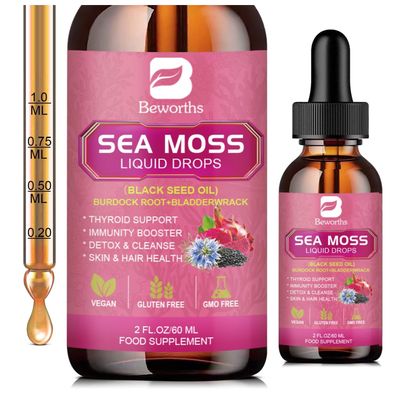 B BEWORTHS 3000mg Sea Moss Liquid Drops - Organic Black Seed Oil & Irish Gel with Burdock Root Bladderwrack, Elderberry, 6X Stronger Qrganic Seamoss Raw for Immunity Booster, Skin Digestive Health