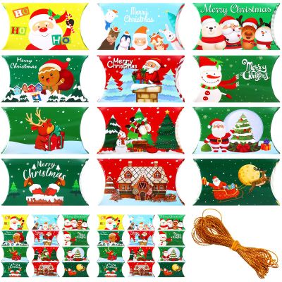 300 Pcs Christmas Pillow Boxes Small Gifts Boxes Christmas Gift Card Holders Bulk 12 Designs Xmas Candy Boxes Decorative Paper Container for Candy Jewelry Xmas Party Favors with 3 Gold Twines