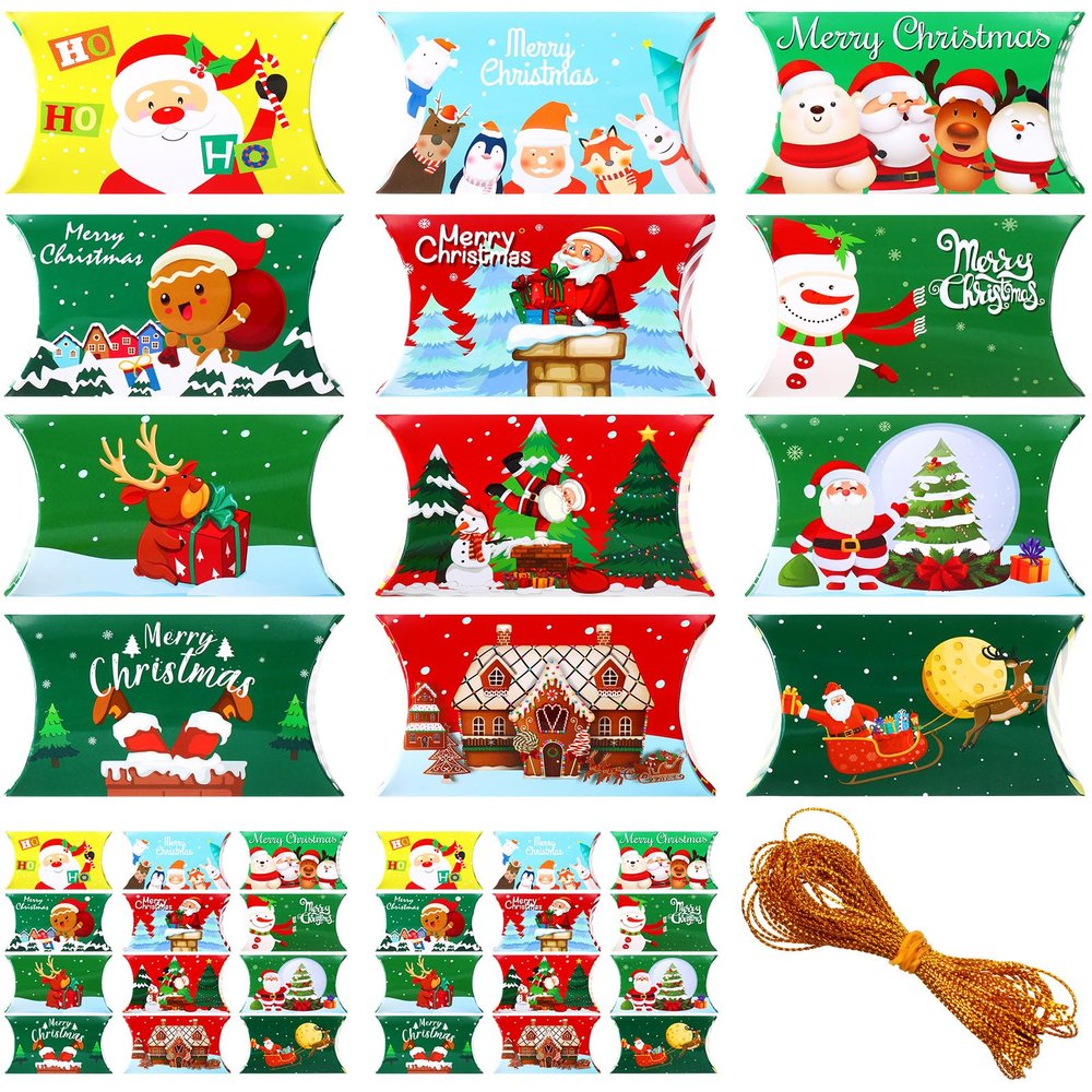 300 Pcs Christmas Pillow Boxes Small Gifts Boxes Christmas Gift Card Holders Bulk 12 Designs Xmas Candy Boxes Decorative Paper Container for Candy Jewelry Xmas Party Favors with 3 Gold Twines