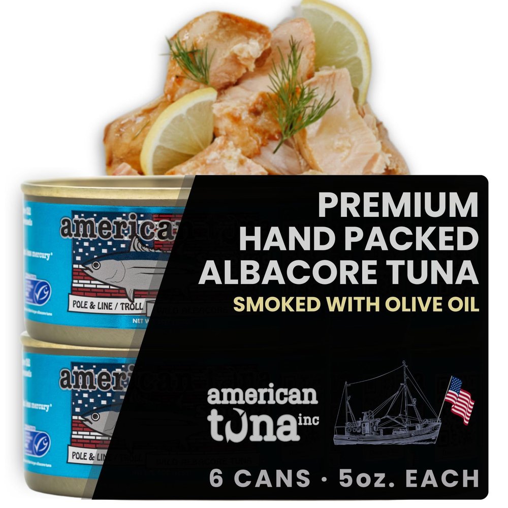 American Tuna Sushi-grade Wild Albacore Tuna Fish Pole Caught - Brick Smoked, With Olive Oil | (6) 5 oz Cans | Sustainably Harvested, Dolphin Safe, Ocean Caught, and Produced in the USA!