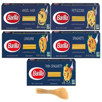 Barilla Pasta, Angel Hair, Fettuccine, Linguine, Spaghetti, and Thin Spaghetti 16 Ounce (Pack of 5) - with Make Your Day Mini Spatula