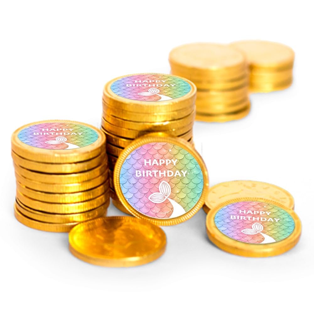 80 Pcs Rainbow Mermaid Kid's Birthday Candy Party Favors Chocolate Coins - Gold Foil