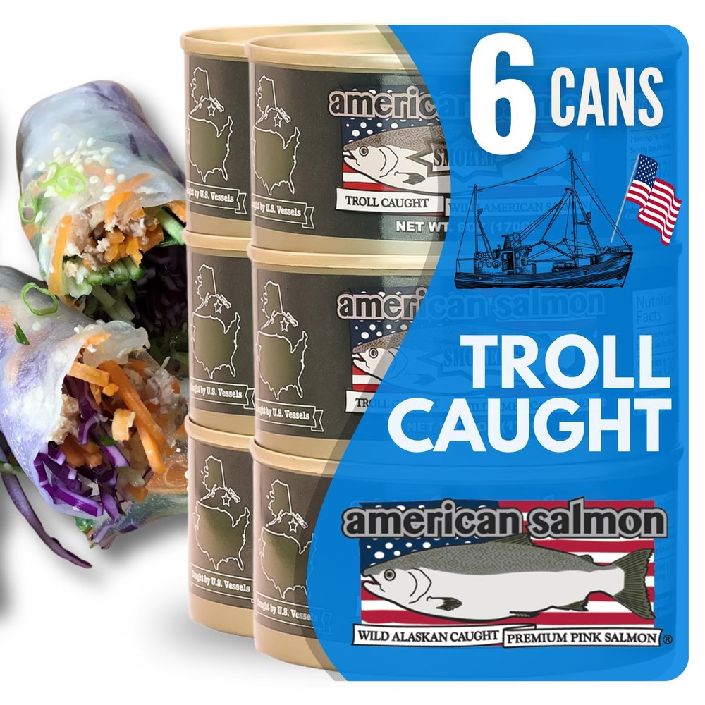 American Tuna Sushi-grade Troll Caught Premium Wild Salmon Fish - Smoked Salmon, MSC Certified, & Hand Processed - 6 oz Cans | Pack of 6 | Delicacy for Health and Flavor Enthusiasts!
