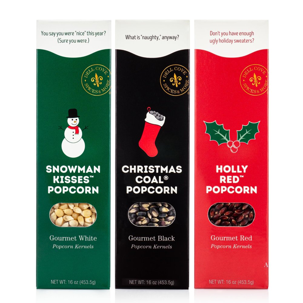 Dell Cove Spices Christmas Popcorn Trio Gift Box | Set of 3 Gourmet X-Mas Kernels | Stocking Stuffer and Unique Holiday Gifts