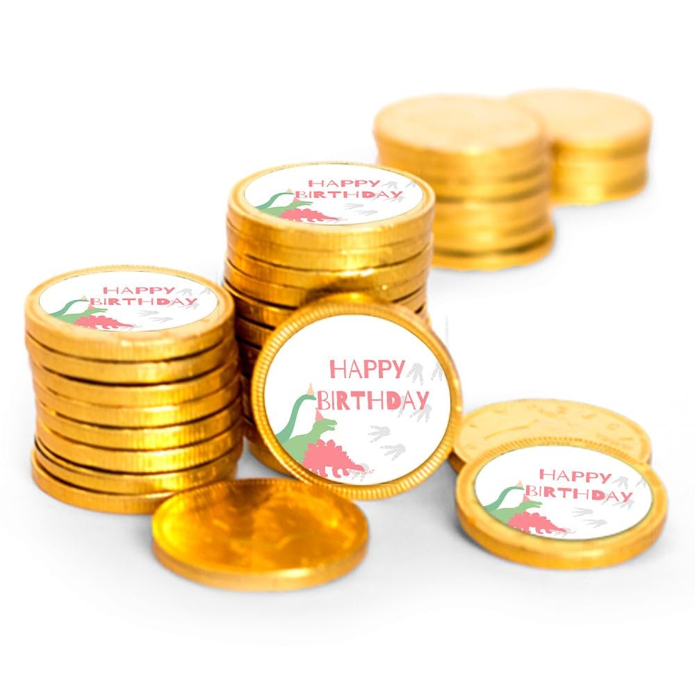 80 Pcs Pink Dinosaur Kid's Birthday Candy Party Favors Chocolate Coins - Gold Foil