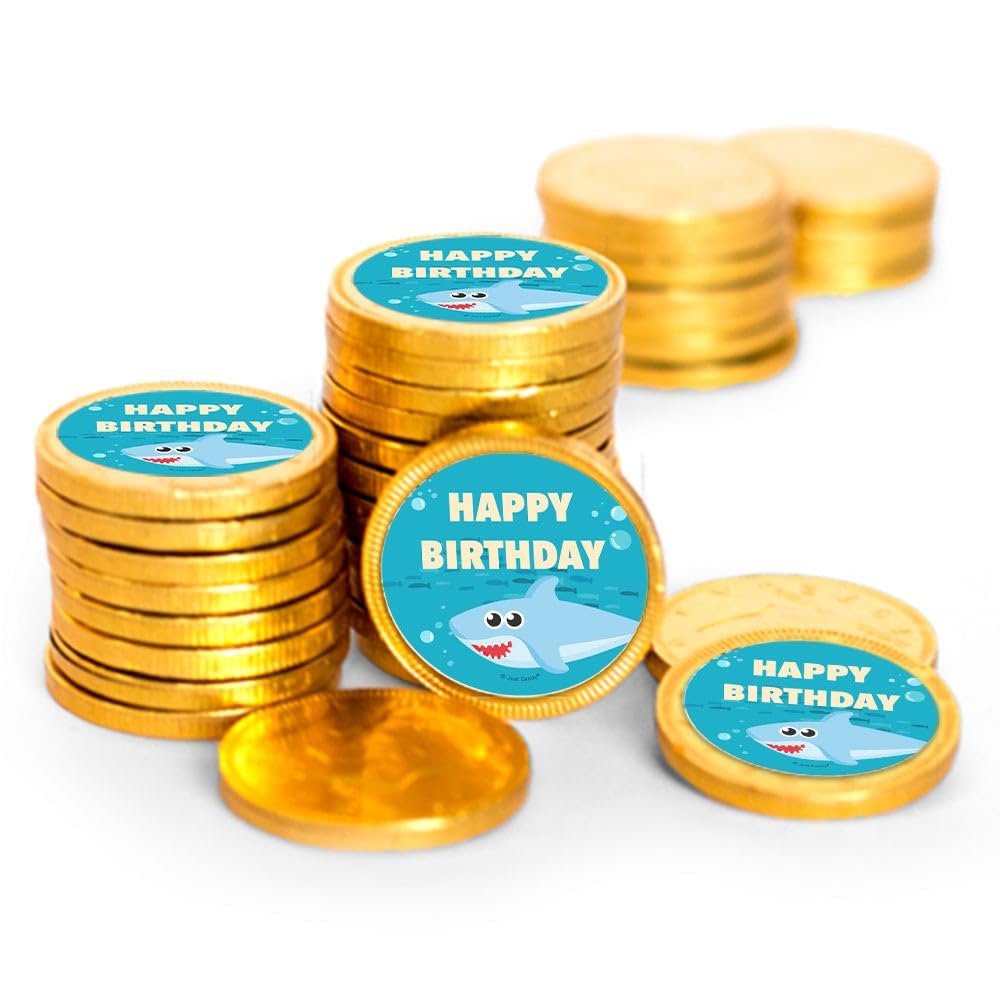 80 Pcs Blue Shark Kid's Birthday Candy Party Favors Chocolate Coins - Gold Foil