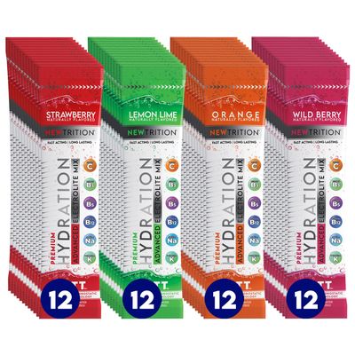 NewTrition Hydration Powder - Pack of 48 Electrolyte Powder Packets, Naturally Flavored Hydrating Packets for Water, Fast Acting Electrolytes with Vitamins, Lime, Strawberry, Orange, Wild Berry