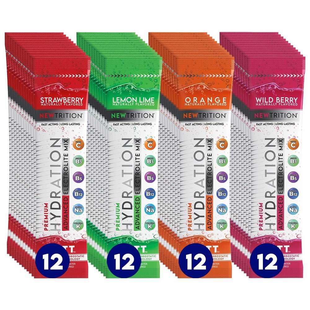 NewTrition Hydration Powder - Pack of 48 Electrolyte Powder Packets, Naturally Flavored Hydrating Packets for Water, Fast Acting Electrolytes with Vitamins, Lime, Strawberry, Orange, Wild Berry