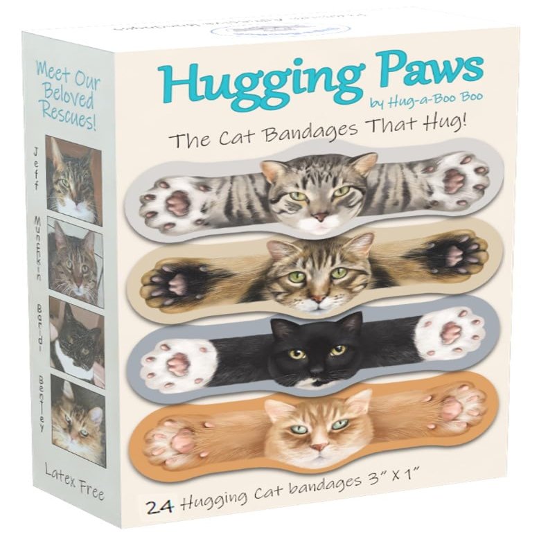 Hugging Paws  Cat Themed Bandages from Hug-a-BooBoo, The Friendly Kitty Bandages That Hug! Beautiful Wound Coverings Feature Paintings of Actual Rescue Cats! Great Cat Lover Gift! 24 Count Box