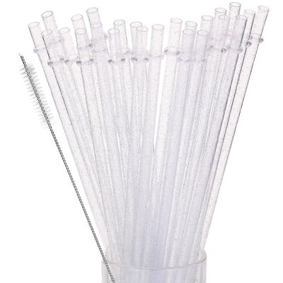 24Pcs Reusable Plastic Straws Colorful Plastic Straws, 11 Inch Long Hard Cup Drinking Straw with Cleaning Brush-Transparent