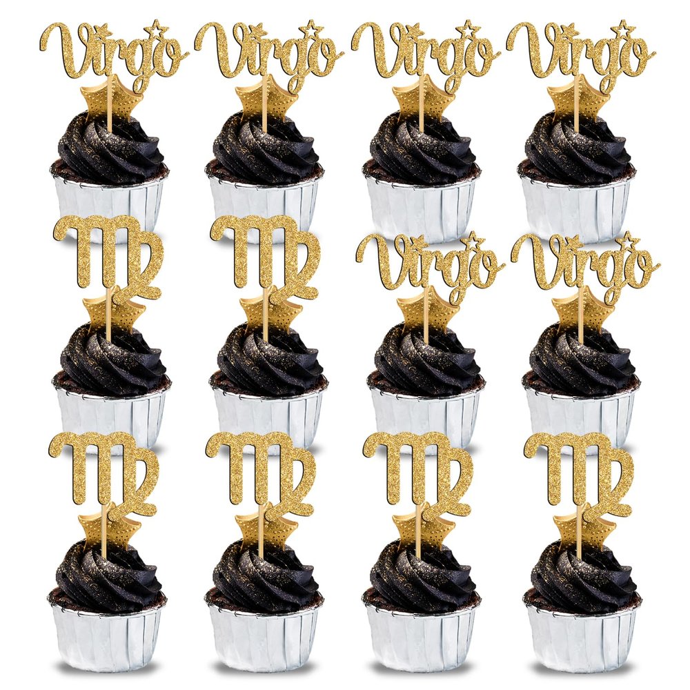 12Pcs Virgo cake topper, Big Virgo Energy/Virgo Season Cake Decor, 12 constellation Virgo August September Birthday Cupcake Decoration, Horoscope Astrology Birthday Party Supplies, Gold Glitter