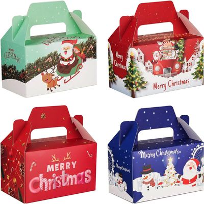 FloraSea 24 PCS 3D Christmas Cookie Gift Boxes with Handles for Holiday Xmas, School Classroom Party Favor Supplies, Candy Treat Cardboard Cookie Boxes, 4 Designs, Christmas Gift Boxes