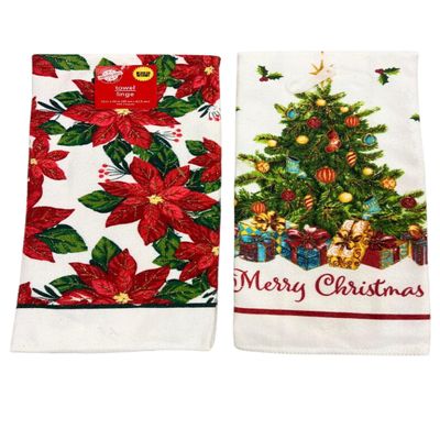 Greenbrier International, Inc. Set of 2 Merry Christmas Kitchen Hand Towels - Winter Towels with Glitter Christmas Tree and Poinsettia Plant Flower Designs