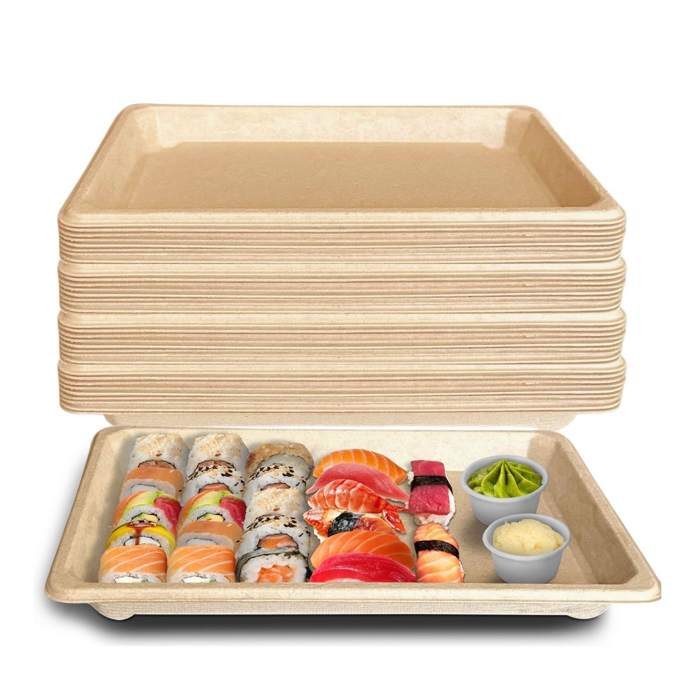 EcoQuality Compostable Sushi Trays X-Large - Natural Sugarcane Bagasse Take Out Sushi Container - Biodegradable, Disposable Sushi Plate, Eco Friendly, Plastic Alternative, To go, Serving Tray (25)