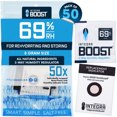 Integra Boost 2-Way Humidity Control Pack - Preserve Flavor & Control Humidity at 69% RH - Moisture Absorber for Herbs, Spices & More - 8 Gram (Pack of 50)