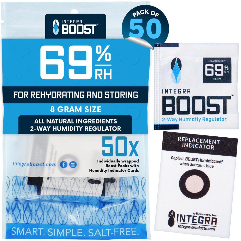 Integra Boost 2-Way Humidity Control Pack - Preserve Flavor & Control Humidity at 69% RH - Moisture Absorber for Herbs, Spices & More - 8 Gram (Pack of 50)