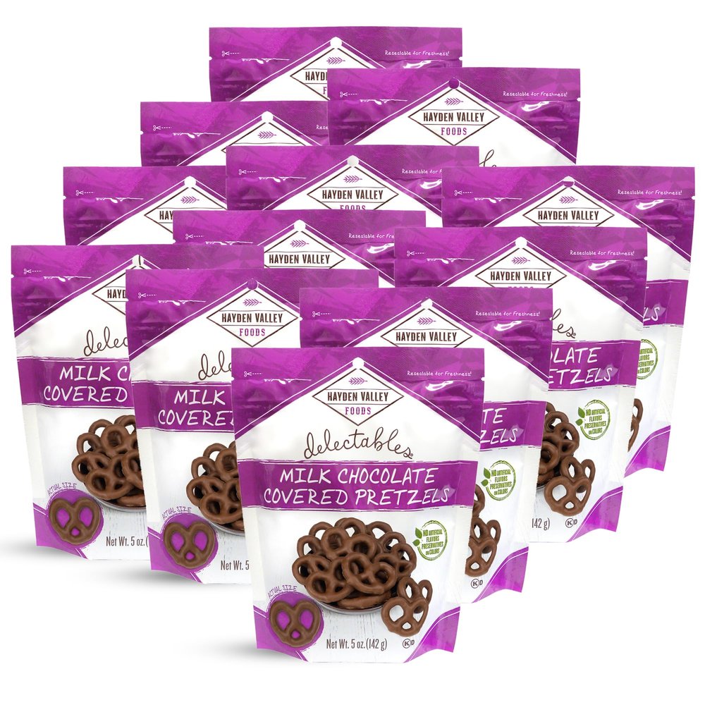 Hayden Valley Foods Milk Chocolate Covered Pretzels | 5 oz Bags (Pack of 12) | No Artificial Flavors, Preservatives or Colors | Gourmet Bulk Holiday Snacks