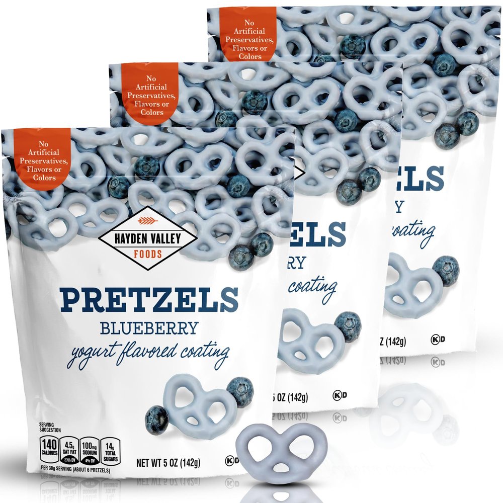 Hayden Valley Foods Blueberry Yogurt Flavored Covered Pretzels | 5 oz Bags (Pack of 3) | No Artificial Flavors, Preservatives or Colors | Blue Bulk Holiday Sweet Snacks
