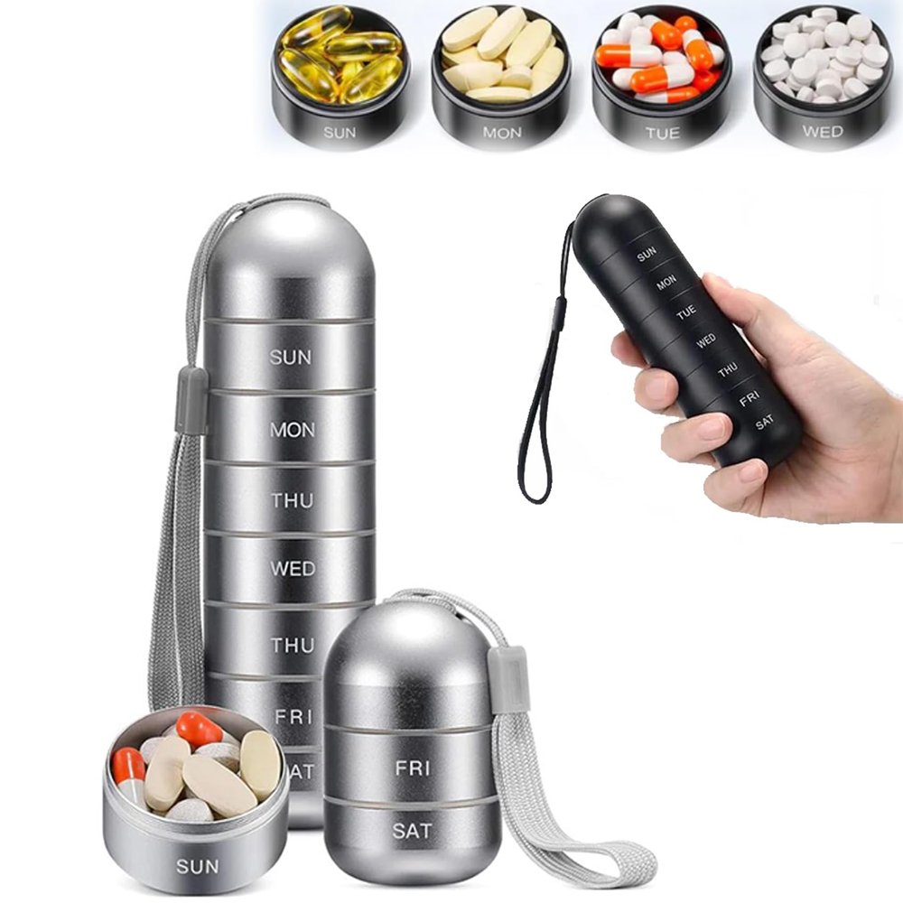 7 Days Portable Pill Case for Travel, Aluminum Alloy Metal Weekly Waterproof Pill Organizer, Pill Box 7 Day Travel Pill Container Pill Holder for Supplements Fish Oil, Supplement, Vitamins (Sliver)