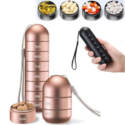 7 Days Portable Pill Case for Travel, Aluminum Alloy Metal Weekly Waterproof Pill Organizer, Pill Box 7 Day Travel Pill Container Pill Holder for Supplements Fish Oil, Supplement, Vitamins (Rose Gold)