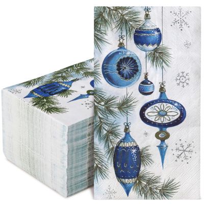 AnyDesign 100 Pack Christmas Guest Napkins Disposable Vintage Blue Xmas Ball Pine Branch Paper Napkins Winter Dinner Hand Napkin for Christmas Winter Holiday Party Supplies, 4.3 x 7.8 Inch