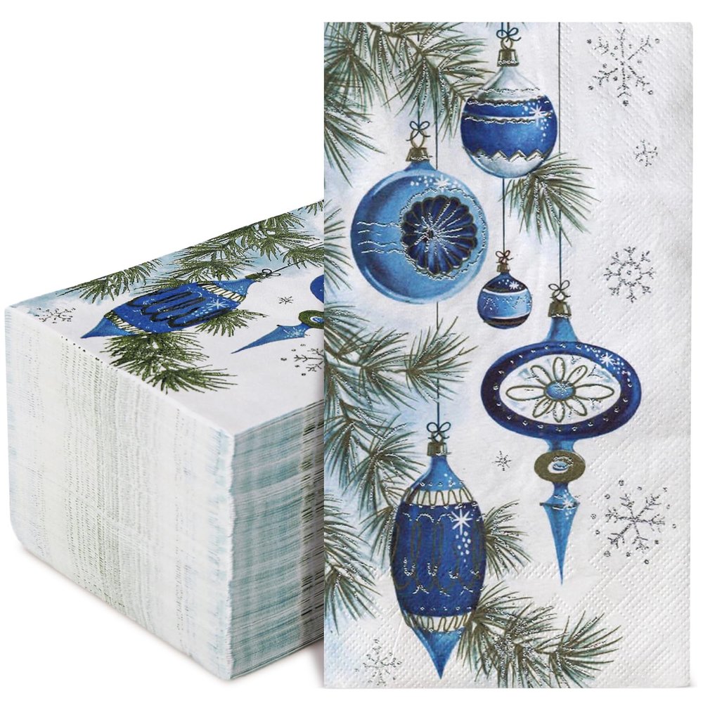 AnyDesign 100 Pack Christmas Guest Napkins Disposable Vintage Blue Xmas Ball Pine Branch Paper Napkins Winter Dinner Hand Napkin for Christmas Winter Holiday Party Supplies, 4.3 x 7.8 Inch