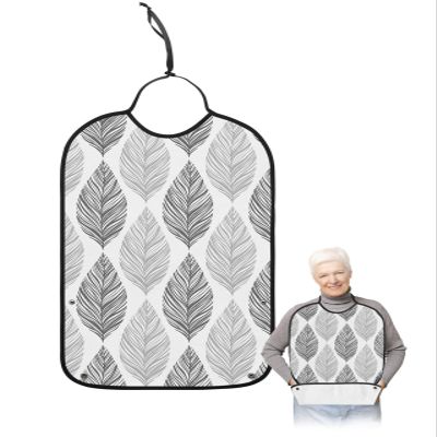 Kewadony Adult Bibs for Elderly Women - Grey Leaf Texture Waterproof Dining Clothing Protectors with Crumb Catcher for Eating/Feeding, Gray Abstract Art Leaves Terry Cloth Bib Machine Washable