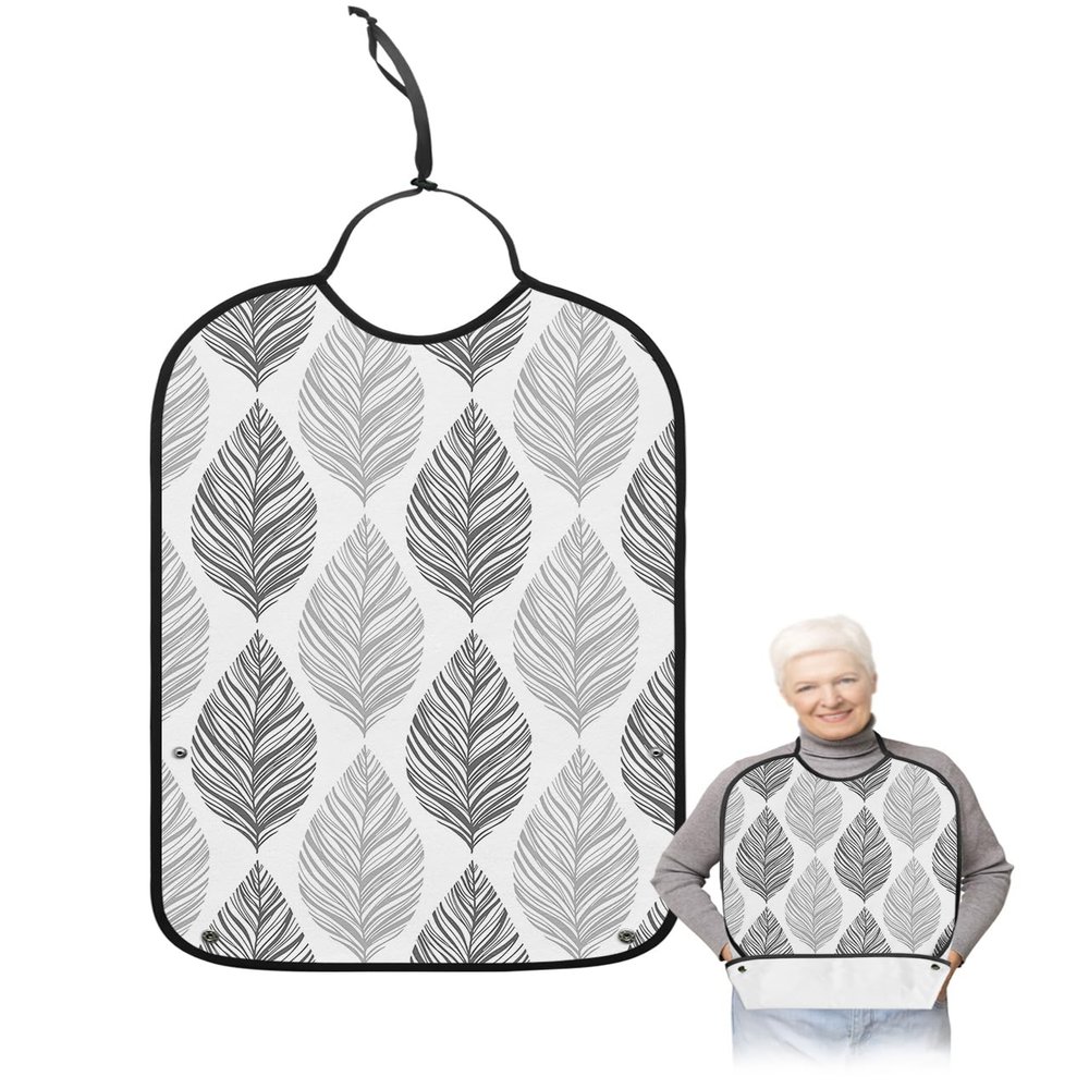 Kewadony Adult Bibs for Elderly Women - Grey Leaf Texture Waterproof Dining Clothing Protectors with Crumb Catcher for Eating/Feeding, Gray Abstract Art Leaves Terry Cloth Bib Machine Washable