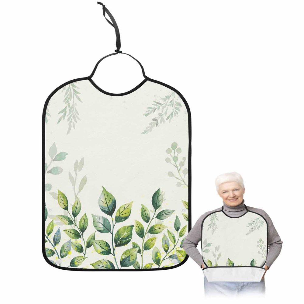 Kewadony Adult Bibs for Elderly Women - Summer Leaf Waterproof Dining Clothing Protectors with Crumb Catcher for Eating/Feeding, Tropical Green Terry Cloth Bib Machine Washable