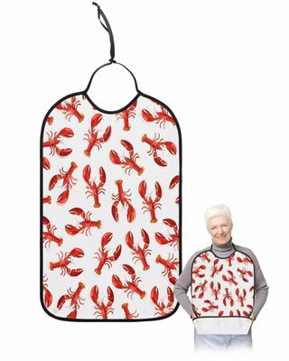 Kewadony Adult Bibs for Elderly Women - Coastal Red Lobster Filling Waterproof Dining Clothing Protectors with Crumb Catcher for Eating/Feeding, Vintage Marine Life Terry Cloth Bib Machine Washable