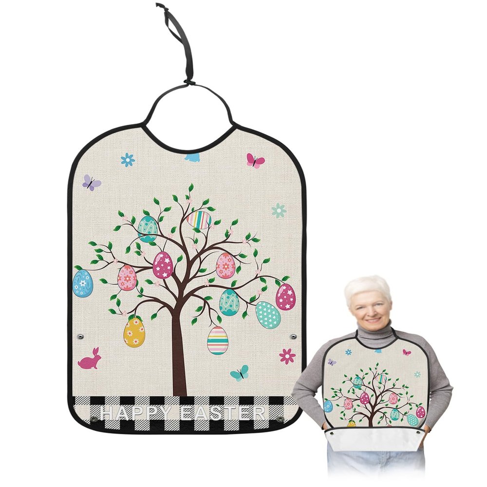 Kewadony Adult Bibs for Elderly Women - Happy Easter Waterproof Dining Clothing Protectors with Crumb Catcher for Eating/Feeding, Watercolor Eggs Tree Bunny Butterfly Buffalo Check Terry Cloth Bib