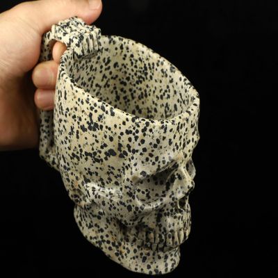 10.6 OZ, 6.3" Dalmatian Jasper Hand Carved Crystal Skull Cup, Crystal Healing
