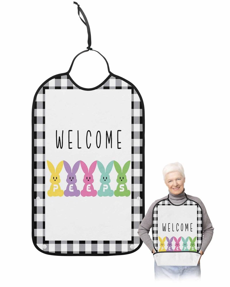 Kewadony Adult Bibs for Elderly Women - Spring Easter Waterproof Dining Clothing Protectors with Crumb Catcher for Eating/Feeding, Welcome Peeps Bunny Black Buffalo Plaid Terry Cloth Bib Washable