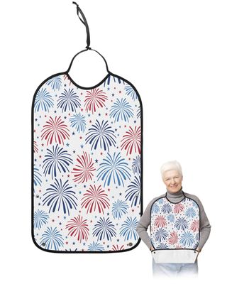 Kewadony Adult Bibs for Elderly Women - 4th of July Waterproof Dining Clothing Protectors with Crumb Catcher for Eating/Feeding, Colorful Fireworks Red Blue Independence Day Terry Cloth Bib Washable