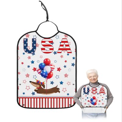 Kewadony Adult Bibs for Elderly Women - 4th of July Waterproof Dining Clothing Protectors with Crumb Catcher for Eating/Feeding, Dog with Balloon American Star Terry Cloth Bib Machine Washable