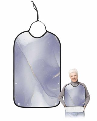 Kewadony Adult Bibs for Elderly Women - Purple Marble Waterproof Dining Clothing Protectors with Crumb Catcher for Eating/Feeding, Ombre Violet Golden Line Terry Cloth Bib Machine Washable