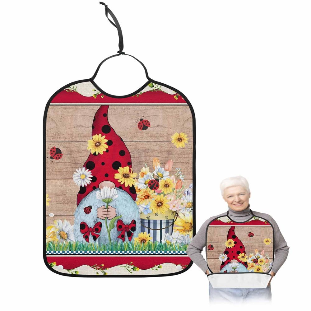 Kewadony Adult Bibs for Elderly Women - Ladybug Gnomes Waterproof Dining Clothing Protectors with Crumb Catcher for Eating/Feeding, Summer Spring Flroal Wood Board Terry Cloth Bib Machine Washable