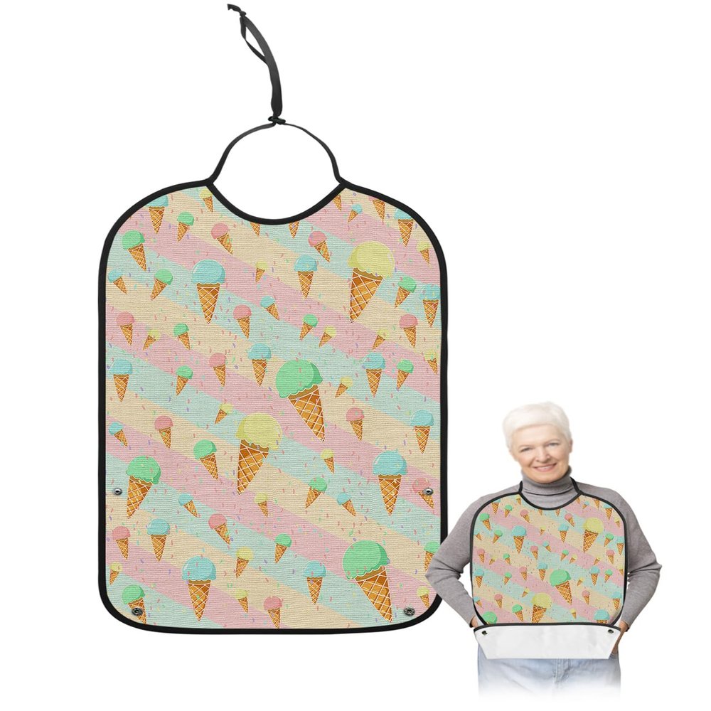 Kewadony Adult Bibs for Elderly Women - Summer Ice Cream Waterproof Dining Clothing Protectors with Crumb Catcher for Eating/Feeding, Rainbow Colorful Stripes Terry Cloth Bib Machine Washable