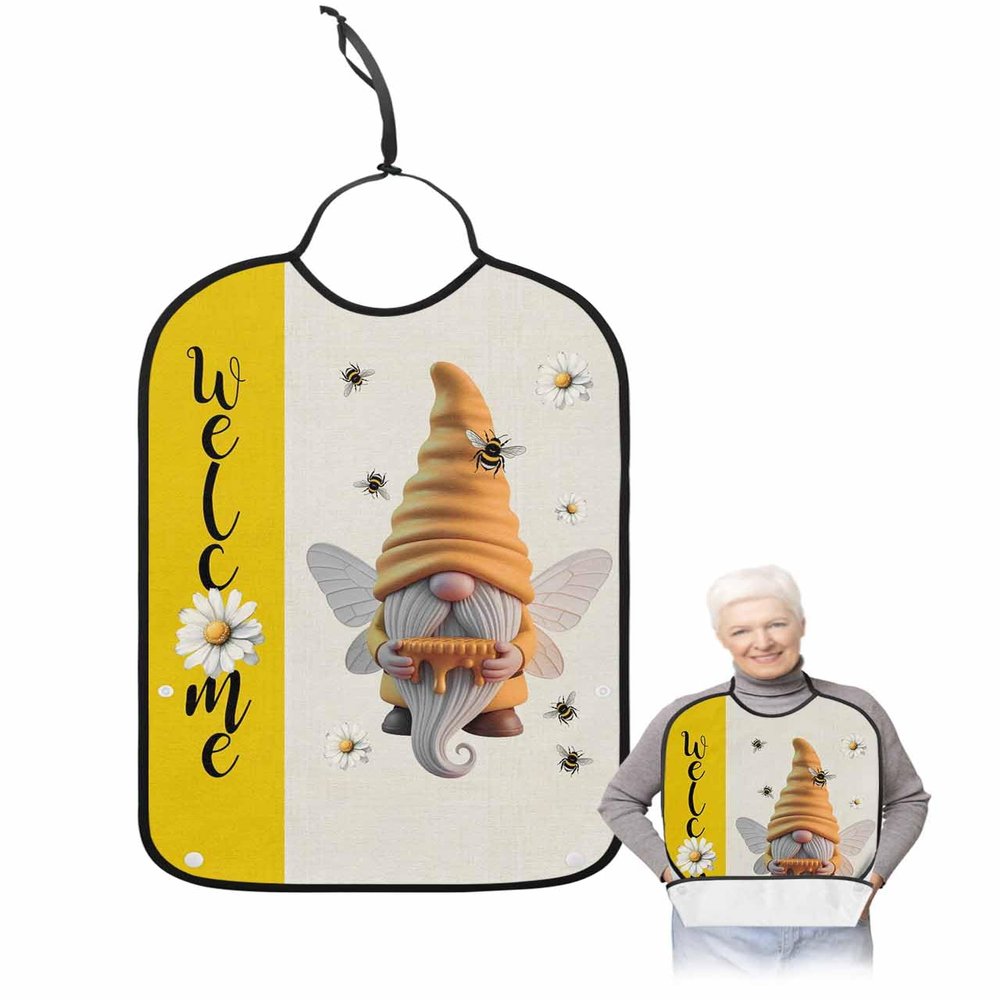 Kewadony Adult Bibs for Elderly Women - Welcome Yellow Gnomes Waterproof Dining Clothing Protectors with Crumb Catcher for Eating/Feeding, Spring Bees Floral Linen Terry Cloth Bib Machine Washable
