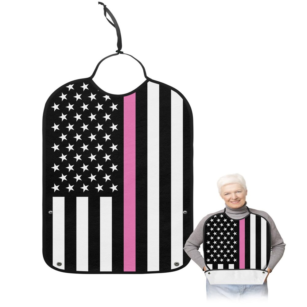 Kewadony Adult Bibs for Elderly Women - Thin Pink Line Flag Waterproof Dining Clothing Protectors with Crumb Catcher for Eating/Feeding, American Flag Pink Stripes Terry Cloth Bib Machine Washable